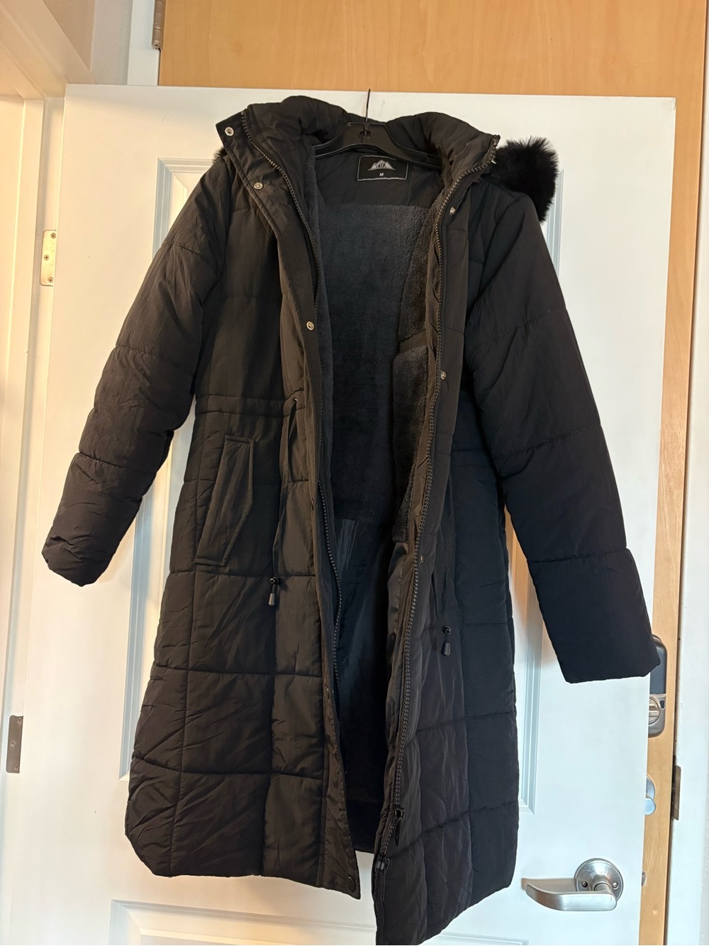 Long Black Quilted Puffer Coat with Hood